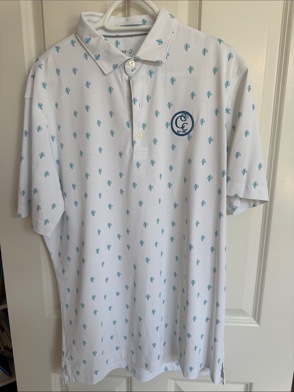 johnnie-O White Polo with Teal Micro Motif